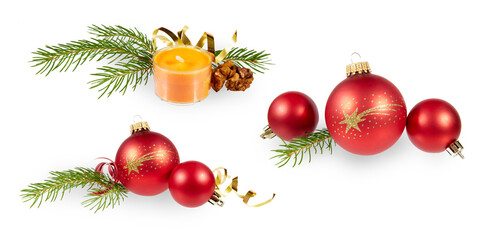 set of christmas balls decoration with fir branch and candle isolated transparent png