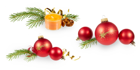 set of christmas balls decoration with fir branch and candle isolated transparent png