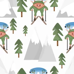 Fototapete Berge Winter Seamless pattern with cute skier monster, Mountain sport repeat paper