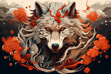 Japanese style design vector, vector design of a wolf