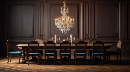Fototapeta na wymiar A dining room with a long wooden table, upholstered chairs, and a crystal chandelier