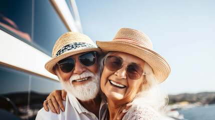 Beautiful retired senior couple enjoying cruise vacation. Senior man and woman having fun on a cruise ship. Old man and old lady travelling by sea. - obrazy, fototapety, plakaty