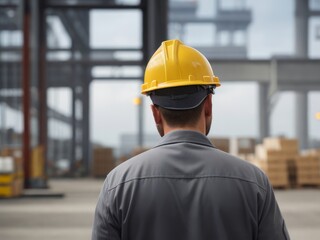 Rear View of Hard Hat-Wearing Man in Warehouse with Industrial Background, Industrial Worker, Blue-Collar Laborer with Industrial Background, Rear View of Man in Hard Hat 
