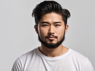 Asian Man with Stylish Hair, Beard, and Strong Jawline, Handsome Asian Man with Trendy Hair, Beard, and Strong Jawline, Fresh Hair and Beard on Asian Guy, Strong Jawline and Trendy Facial Hair