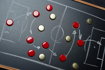 Football soccer game play tactic strategy scheme plan draft formation made of golden and red beer bottle caps and chalk drawn on a chalkboard