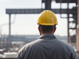Rear View of Hard Hat-Wearing Man in Warehouse with Industrial Background, Industrial Worker, Blue-Collar Laborer with Industrial Background, Rear View of Man in Hard Hat 