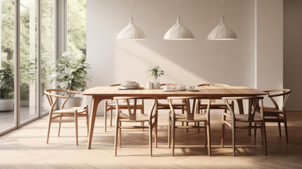 A dining room furnished with a Scandinavian dining table - obrazy, fototapety, plakaty