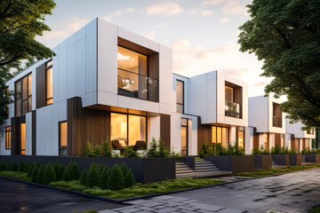 modern private white townhouses in background of beautiful view. Real estate concept for moving and purchasing.