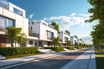 Fototapeta na wymiar modern private white townhouses in background of beautiful view. Real estate concept for moving and purchasing.