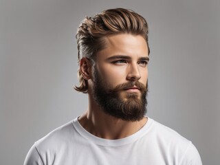 Obraz premium Stylish Man with Fresh Hair, Beard, and Strong Jawline,Handsome Man with Stylish Hair, Beard, and Strong Jawline,Trendy Male Model: Fresh Hair and Beard on Isolated White