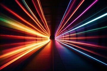 Vibrant streaks create a stunning tunnel of colorful neon lights. Generative AI