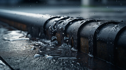 A drainpipe overflowing from the rain, its water spilling onto the pavement - obrazy, fototapety, plakaty