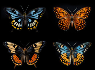 Set of beautiful butterfly isolated on a black background. Bright insect.