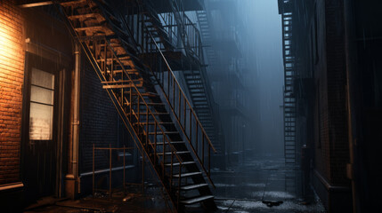 A fire escape covered in a thin layer of rain, its metal frame beginning to rust