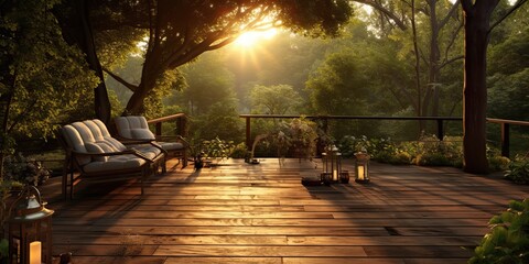 AI Generated. AI Generative. Outdoor nature exterior home house hotel architecture garden with cozy sofa and table. Many plants and flowers at sunset time. Relaxing family peace time