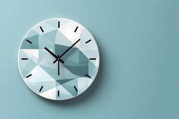 Digital illustration, minimalist clock design, light blue background, clean and modern 