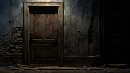 Fototapeta na wymiar A forgotten door sits in the shadows, its weathered wood barely illuminated by a soft glimmer of moonlight