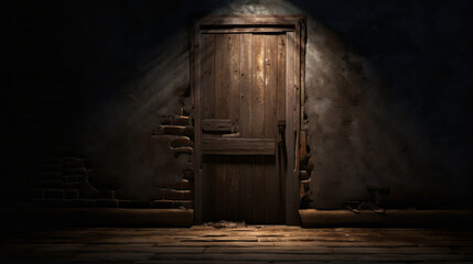 A forgotten door sits in the shadows, its weathered wood barely illuminated by a soft glimmer of moonlight - obrazy, fototapety, plakaty