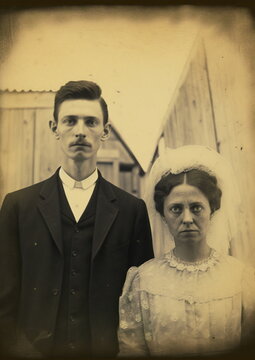 serious, stern vintage wedding portrait photo of bride and groom in tintype 