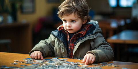 Engaging image of a puzzled kindergarten child focused on solving an educational game. - obrazy, fototapety, plakaty