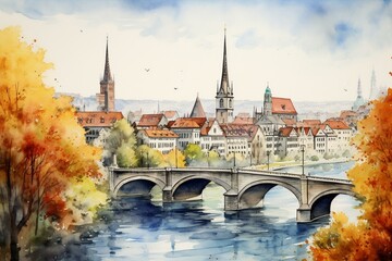 Watercolor rendition of Bern's skyline. Generative AI - obrazy, fototapety, plakaty
