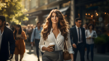 An businesswoman, looking confident and radiant in her business attire, strolls down a bustling street towards her workplace. She carries a shoulder bag and holds a coffee cup as she head