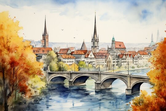 Watercolor rendition of Bern's skyline. Generative AI