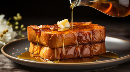 A plate of French toast with syrup being poured