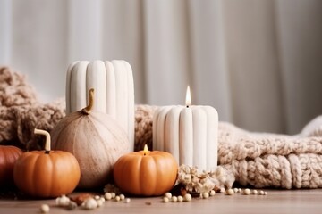 Fototapeta na wymiar Autumn table decoration. Interior decor for fall holidays with handmade pumpkins and candles. Holiday greeting card, generative ai