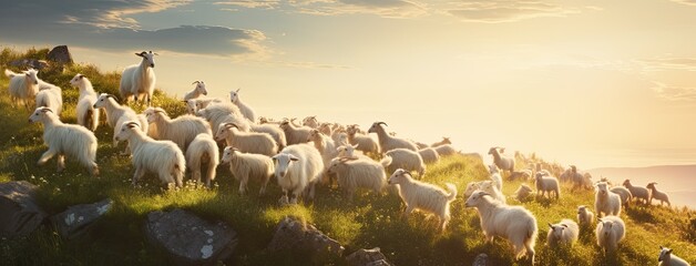 a herd of white goats grazing peacefully in a lush green meadow under the open sky. The gentle, natural light highlights their pristine white coats against the vibrant backdrop of the meadow.