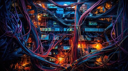 Close-up of computer circuitry with intricate wiring, LED indicators, and dark, muted colors. Spotlighting highlights the vibrant hues. A technical and mysterious stock image representing computer te