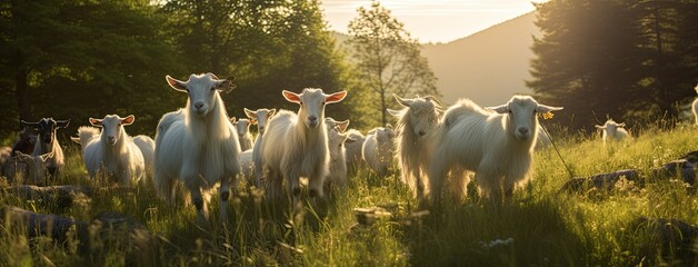a herd of white goats grazing peacefully in a lush green meadow under the open sky. The gentle, natural light highlights their pristine white coats against the vibrant backdrop of the meadow. - obrazy, fototapety, plakaty