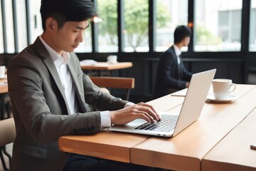 Fototapeta na wymiar Asian businessman using laptop. AI Generated.