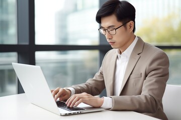 Asian businessman using laptop. AI Generated.