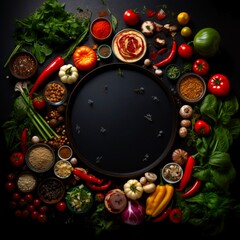 Circular frame made of fresh ingredients around delicious italian pizza over black counter Made with generative ai