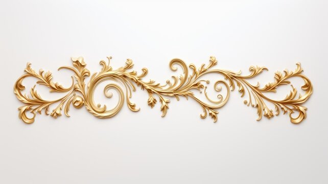 a rich golden baroque ornament delicately engraved on a pristine white background. The intricate details and lavish curves of the design exude opulence and sophistication.