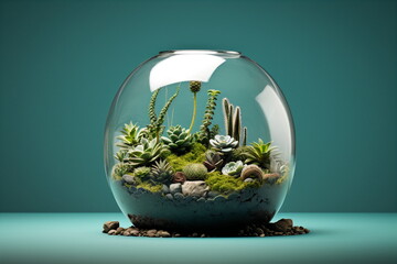plant terrarium in glass round jar bowl isolated on plain green studio background - obrazy, fototapety, plakaty