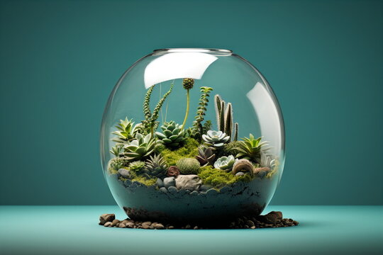 plant terrarium in glass round jar bowl isolated on plain green studio background