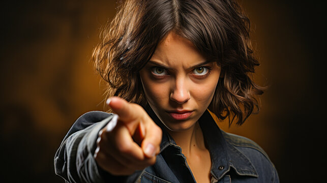 Compelling young brunette girl, naturally cool, showing anger with an accusatory finger.