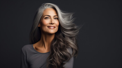 Beautiful woman with smooth healthy face skin. Gorgeous aging mature confident woman with long gray hair and happy smiling. Beauty and cosmetics skincare advertising concept. - obrazy, fototapety, plakaty