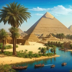 ancient pyramids and trees  with flowing Nile river background photo  - obrazy, fototapety, plakaty