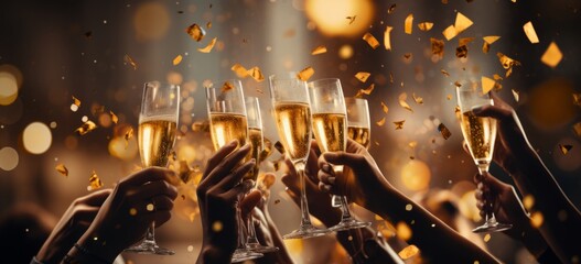 Photo of people celebrating with champagne toasts created with Generative AI technology - obrazy, fototapety, plakaty