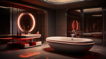 A futuristic bathroom with voice-activated fixtures, a holographic vanity mirror, and a rejuvenation pod