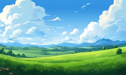 Poster Summer fields, hills landscape, green grass, blue sky with clouds, flat style cartoon painting illustration. Generative AI  © Ambika