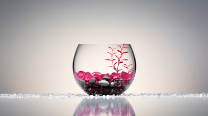 A glass fishbowl with small colorful pebbles and a single pink plant in the middle