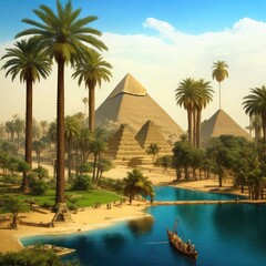 ancient pyramids and trees  with flowing Nile river background photo 