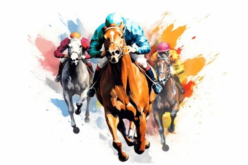 Abstract racing horse with jockey from splash of watercolors on white background. Illustration of paints. Generative AI  - obrazy, fototapety, plakaty