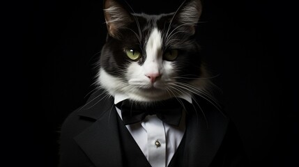 a picture of a tuxedo cat, dignified and poised