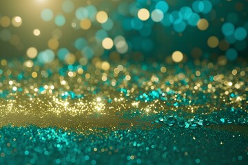Background for new year eve. Teal green and gold abstract glitter bokeh effect.