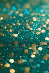 Background for new year eve. Teal green and gold abstract glitter bokeh effect.